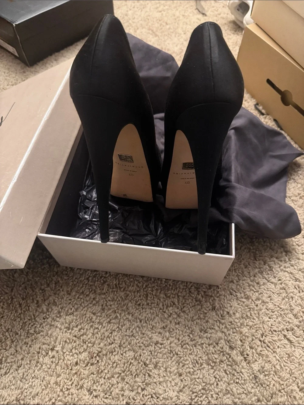 Brian Atwood Black Satin Platform Stiletto Pumps